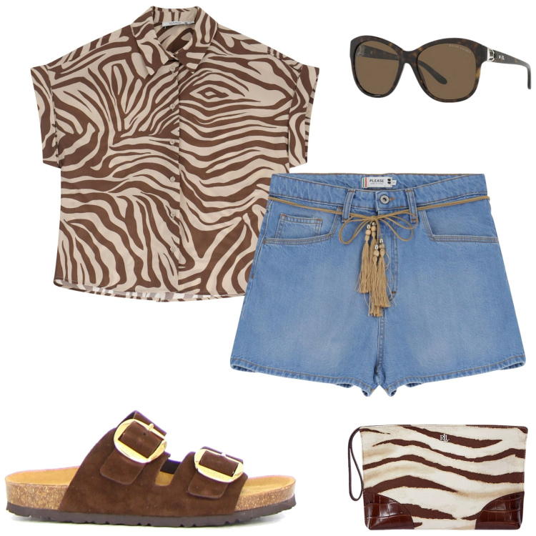 Outfit donna - Estate con Please. Stile Casual per Tutti i giorni. Abbinamento con camicie a manica corta, shorts, pochette, occhiali da sole, ciabatte.
