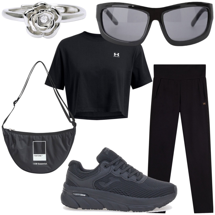 Outfit donna - Corsetta pre prova costume. Stile Basic per Sport. Abbinamento con marsupi, anelli, occhiali da sole, pantaloni, sneakers, t-shirt.