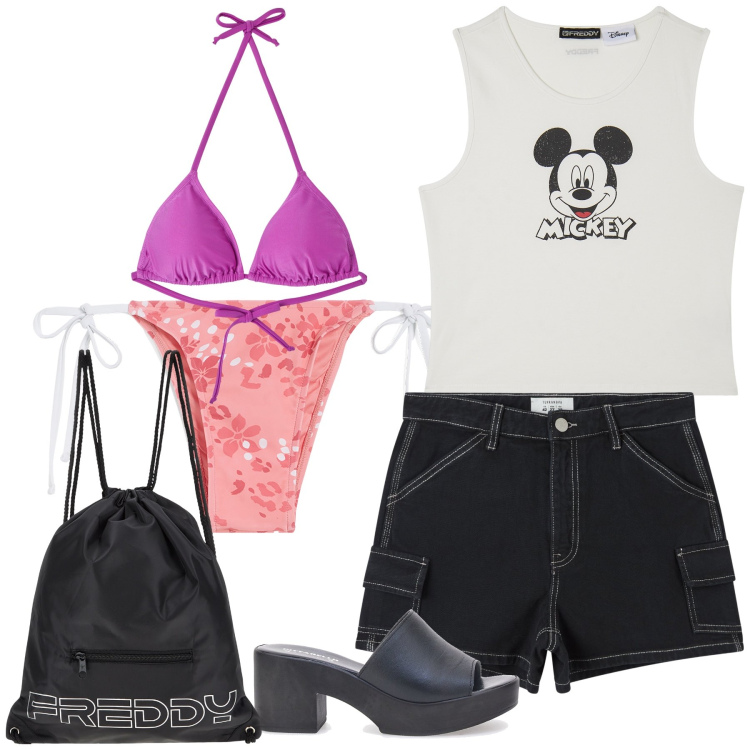 Outfit donna - Look teen bikini sexy. Stile Trendy per Mare. Abbinamento con bikini, pantaloni corti, zaini, bikini, canottiere, zoccoli.