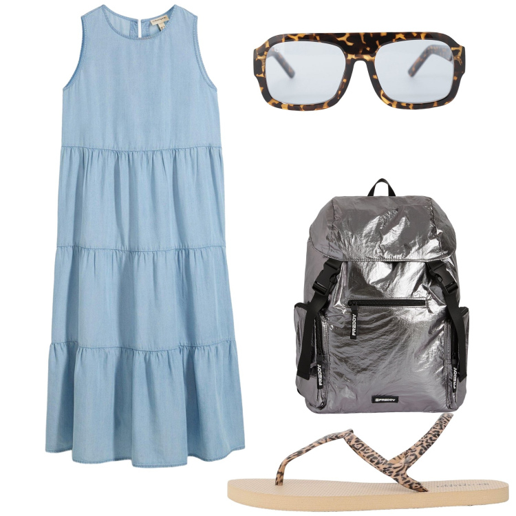Outfit donna - Sul mercato. Stile Basic per Tutti i giorni. Abbinamento con vestiti midi/longuette, ciabatte, occhiali da sole, zaini.
