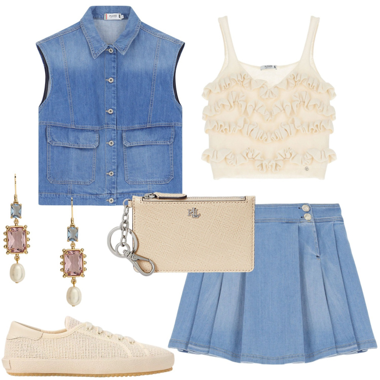 Outfit donna - Estate con Please. Stile Casual chic per Serata fuori. Abbinamento con minigonne, blazer, top, sneakers, orecchini, portafogli.