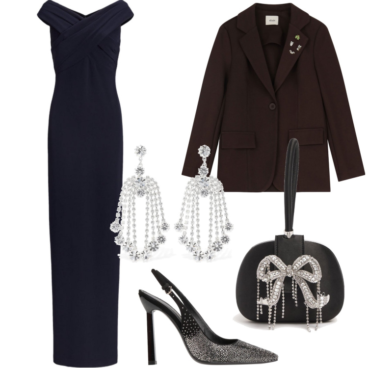 Outfit donna - Orecchino chandelier. Stile Glamour per Serata fuori. Abbinamento con décolleté, blazer, vestiti lunghi, pochette, orecchini.