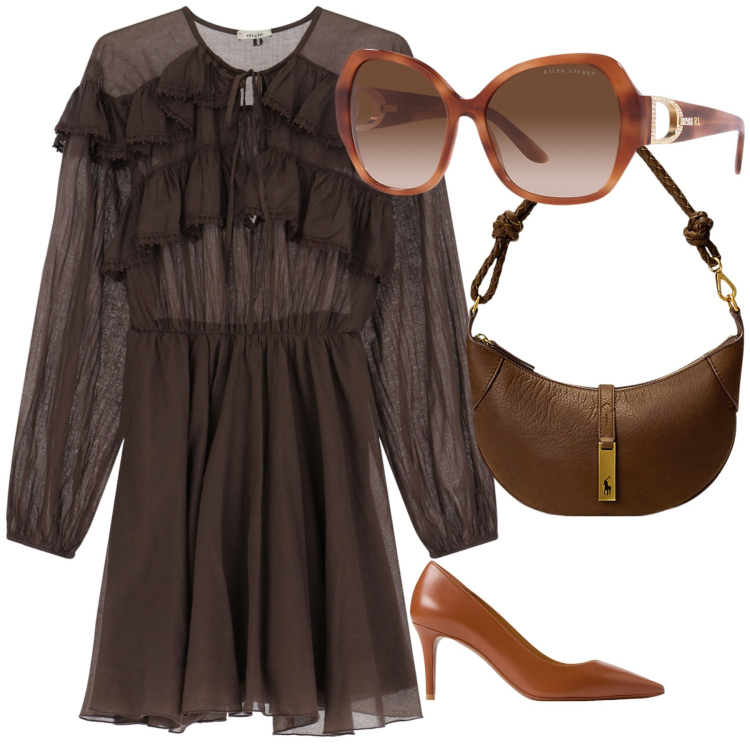 Outfit donna - Elegante in marrone. Stile Glamour per Cerimonia. Abbinamento con vestiti corti, décolleté, occhiali da sole, borse a spalla.