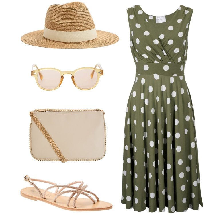 Outfit donna - Una giornata luminosa. Stile Casual chic per Tutti i giorni. Abbinamento con vestiti, borse a tracolla, cappelli, sandali, occhiali da sole.