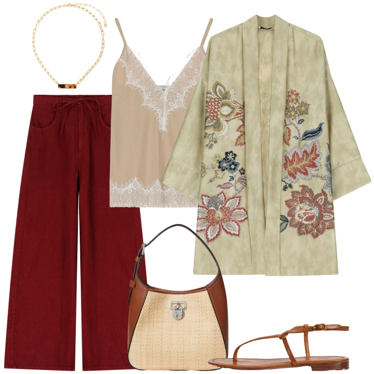 Outfit donna - Una leggera brezza. Stile Casual chic per Serata fuori. Abbinamento con pantaloni, top, cappotti, sandali in pelle, collane, borse a tracolla.