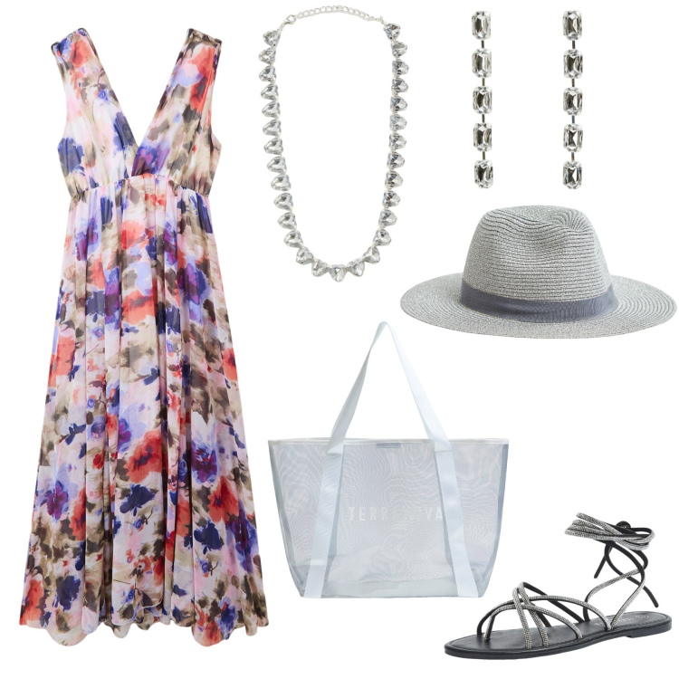 Outfit donna - L\'abito a fiori. Stile Boho per Serata fuori. Abbinamento con sandali alla schiava, cappelli, vestiti lunghi, shopping bag, orecchini, collane.