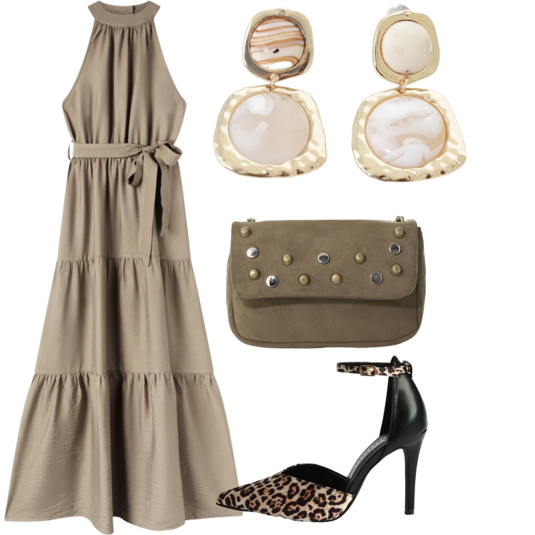 Outfit donna - Semplicemente a cena fuori di sabato. Stile Glamour per Serata fuori. Abbinamento con décolleté, vestiti lunghi, borse a tracolla, orecchini.