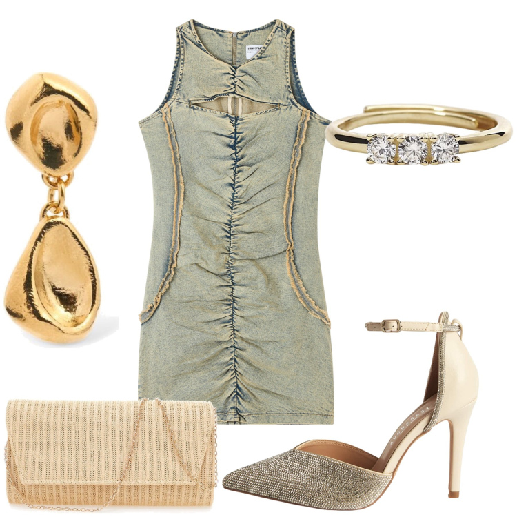 Outfit donna - In tubino per lui. Stile Glamour per Serata fuori. Abbinamento con vestiti senza maniche, décolleté, anelli, pochette, orecchini.