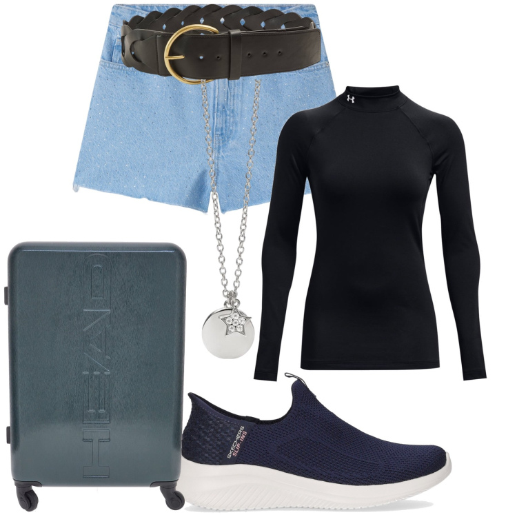 Outfit donna - Partendo per l weekend. Stile Basic per Tutti i giorni. Abbinamento con shorts, cinture, ciondoli, pullovers, valigie, sneakers.