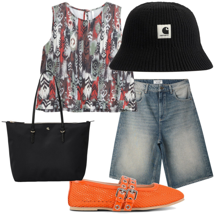 Outfit donna - Città. Stile Urban per Tutti i giorni. Abbinamento con bermuda, top, borse tote, ballerine, cappelli.