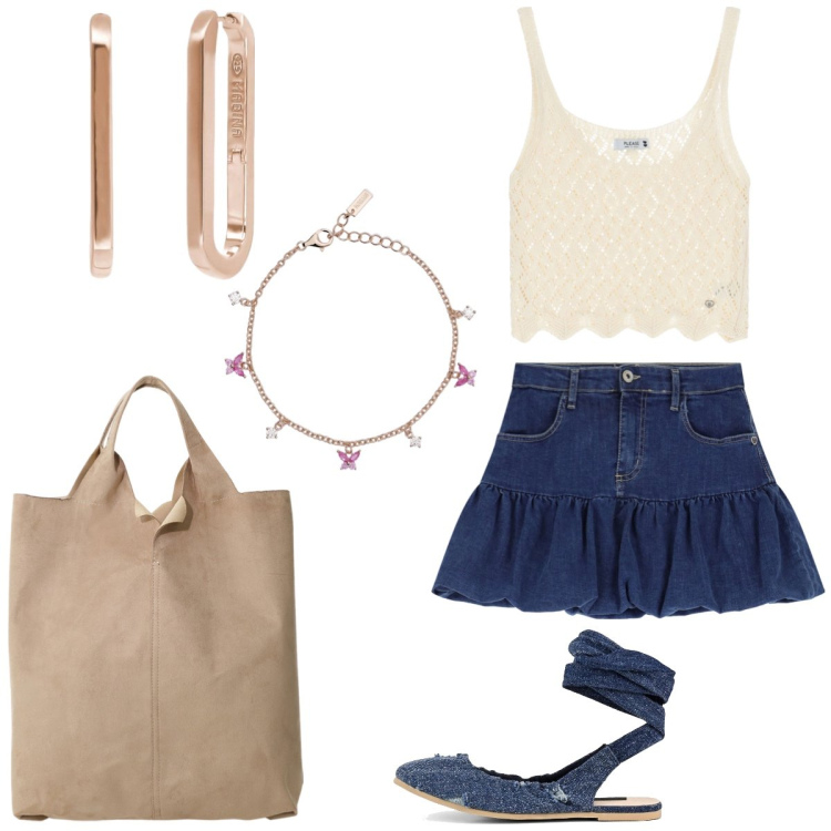 Outfit donna - Total look #2181429. Stile Casual per Tutti i giorni. Abbinamento con braccialetti, orecchini, minigonne, top, shopping bag, ballerine.
