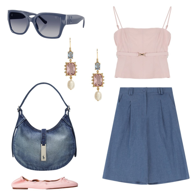 Outfit donna - Total look #2181430. Stile Casual chic per Tutti i giorni. Abbinamento con bermuda, top, borse a spalla, occhiali da sole, ballerine, orecchini.