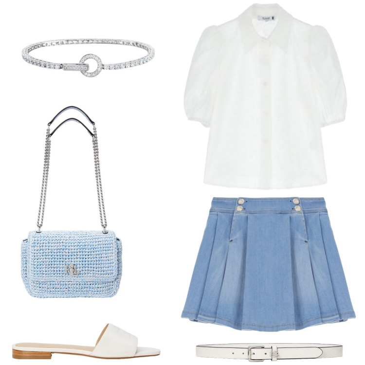 Outfit donna - Total look #2181431. Stile Preppy per Tutti i giorni. Abbinamento con braccialetti, minigonne, camicie a manica corta, borse a spalla, ciabatte, cinture.