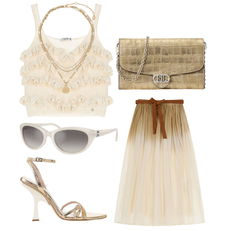 Outfit donna - Femminilità. Stile Bon Ton per Cerimonia. Abbinamento con top, gonne lunghe, sandali col tacco, ciondoli, occhiali da sole, borse a tracolla.