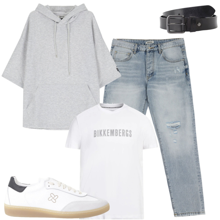 Outfit uomo - La felpa per la sera. Stile Casual per Tutti i giorni. Abbinamento con t-shirt, jeans strappati, cinture, sneakers, felpe con cappuccio.