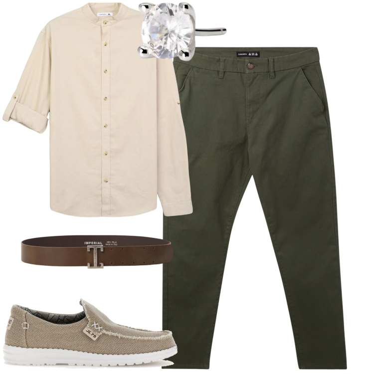 Outfit uomo - Chino e camicia. Stile Casual per Tutti i giorni. Abbinamento con pantaloni chino, camicie, orecchini, cinture, scarpe stringate.