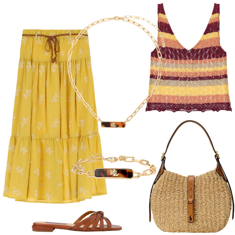 Outfit donna - Dixie a Positano: colore in primo piano!. Stile Boho per Tutti i giorni. Abbinamento con gonne lunghe, top, sandali in pelle, collane, braccialetti, borse a spalla.