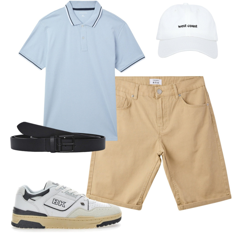 Outfit uomo - Summertime. Stile Casual per Tutti i giorni. Abbinamento con cappelli, polo, bermuda, cinture, sneakers.