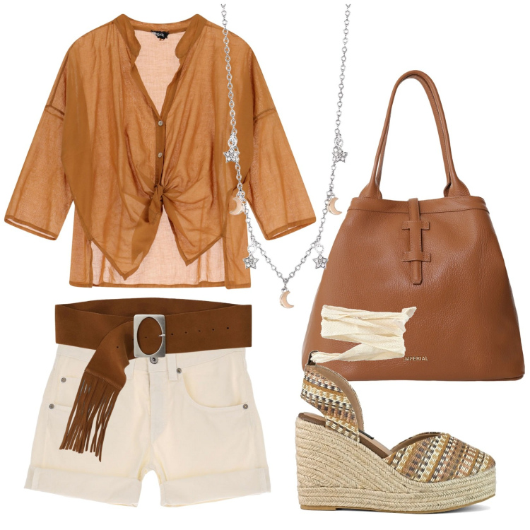 Outfit donna - In shorts. Stile Boho per Tutti i giorni. Abbinamento con collane, shorts, borse tote, camicie, cinture, zeppe.