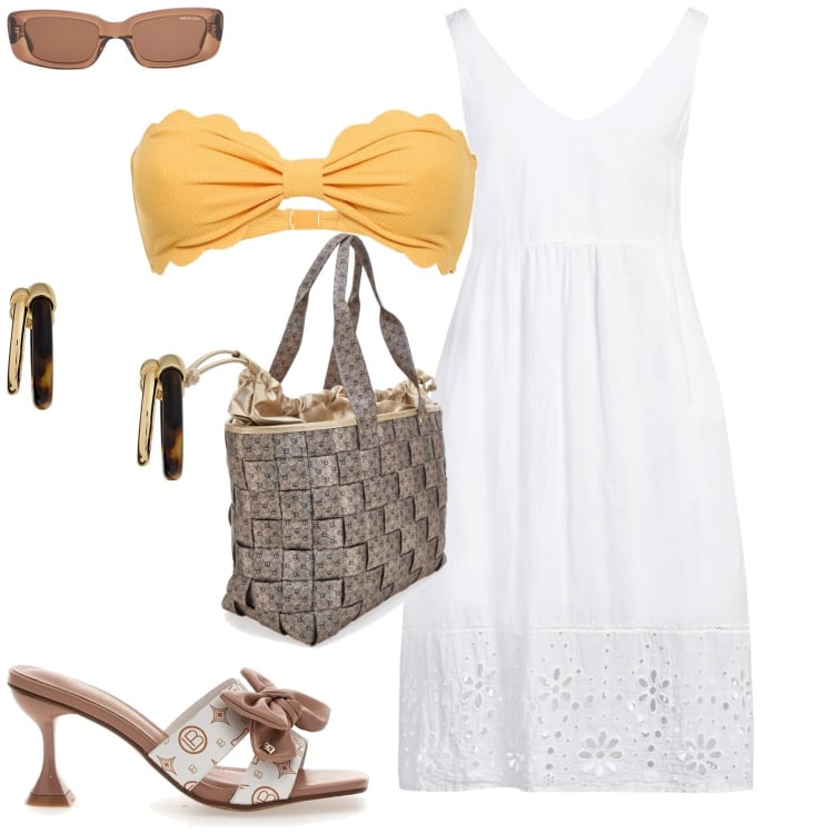 Outfit donna - Romantico abitino in lino. Stile Romantica per Tutti i giorni. Abbinamento con vestiti midi/longuette, orecchini, sandali, borse a spalla, bikini, occhiali da sole.