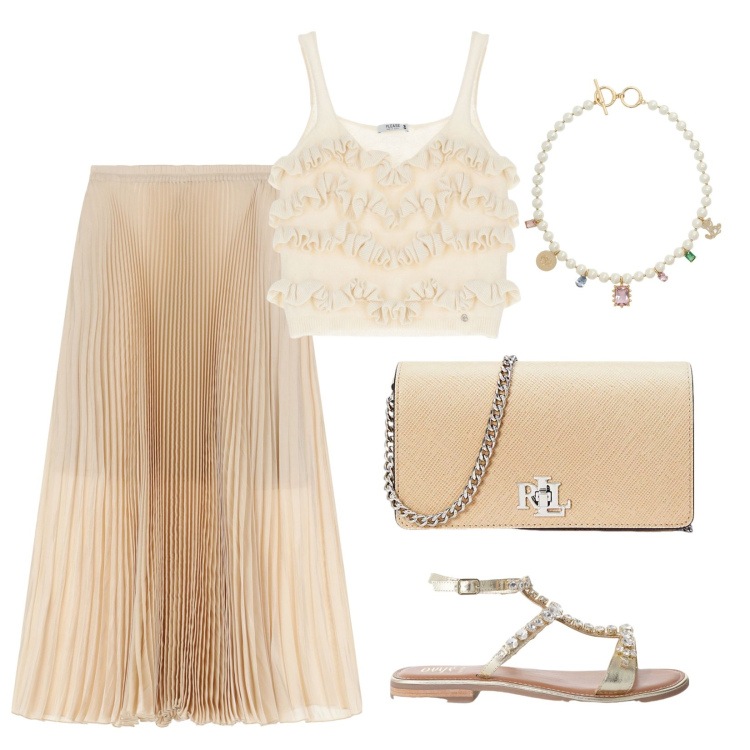 Outfit donna - Tenue eleganza. Stile Chic per Cerimonia. Abbinamento con top, gonne lunghe, borse a tracolla, ciondoli, sandali.