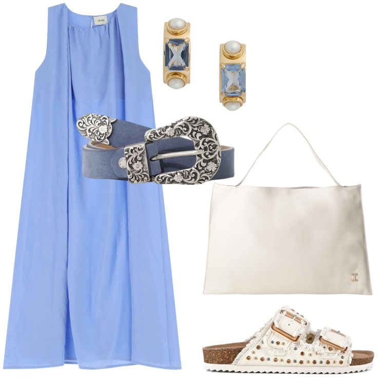 Outfit donna - Dixie a Positano. Stile Casual chic per Tutti i giorni. Abbinamento con borse a spalla, vestiti lunghi, cinture, orecchini, sandali.