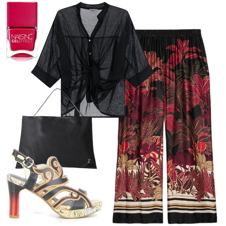 Outfit donna - Serata al mare. Stile Glamour per Serata fuori. Abbinamento con smalti, borse a spalla, camicie, pantaloni, sandali col tacco.