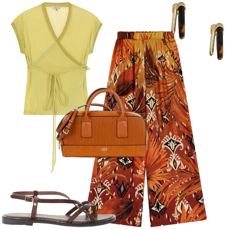 Outfit donna - Giugno. Stile Trendy per Tutti i giorni. Abbinamento con borse a mano, pantaloni a palazzo, top, sandali, orecchini.