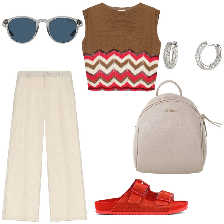 Outfit donna - Ciabatta rossa. per Tutti i giorni. Abbinamento con orecchini, maglieria, pantaloni, zaini, occhiali da sole, sandali.