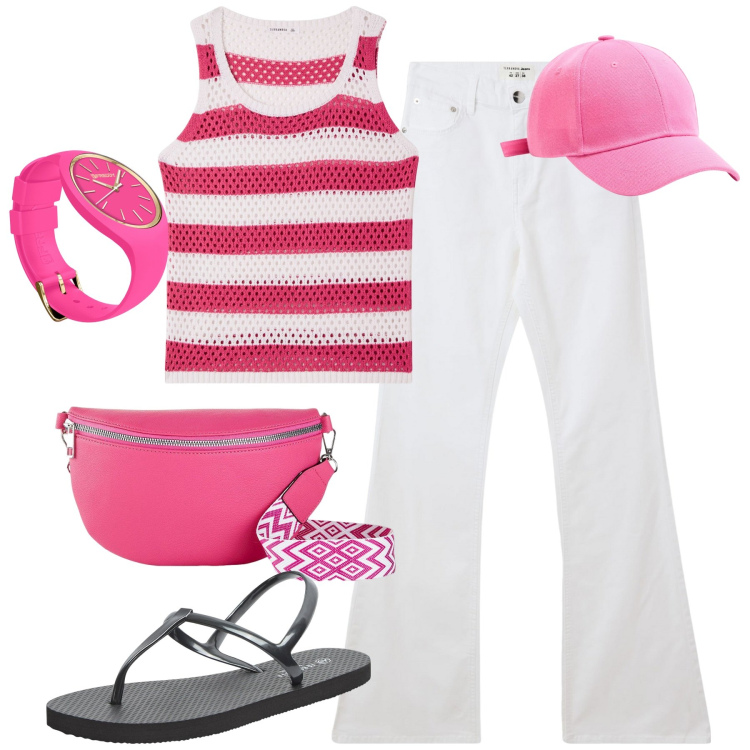 Outfit donna - Summer. Stile Casual per Tutti i giorni. Abbinamento con marsupi, jeans a zampa, top, sandali, cappelli, orologi.
