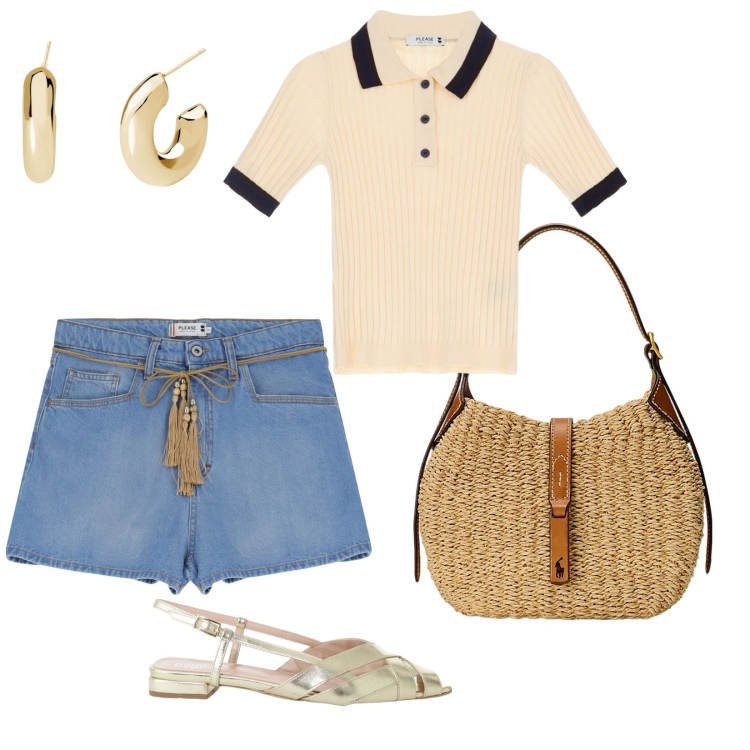 Outfit donna - Estate. per Mare. Abbinamento con orecchini, shorts, maglieria, sandali, borse a spalla.