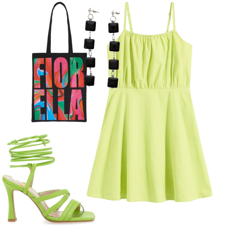 Outfit donna - Verde lime al mare. Stile Trendy per Mare. Abbinamento con vestiti corti, orecchini, sandali col tacco, borse tote.