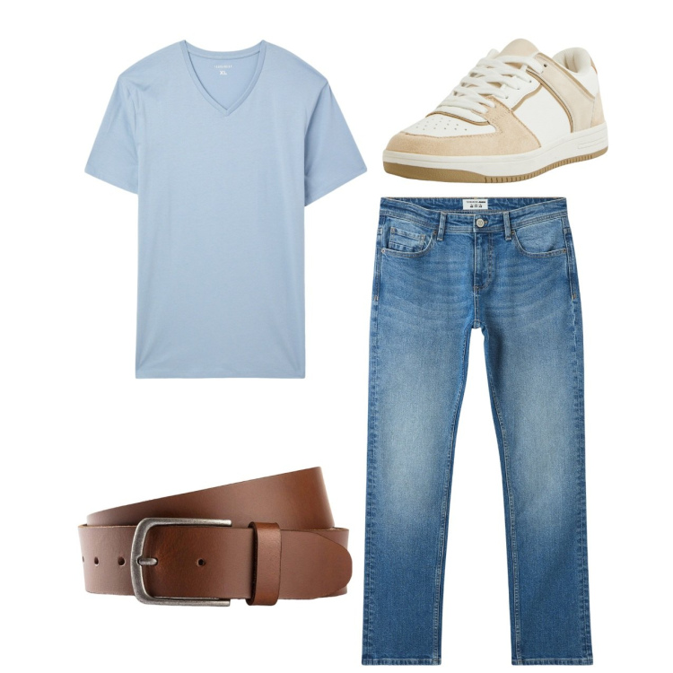 Outfit uomo - Azzurro. Stile Casual per Tutti i giorni. Abbinamento con cinture, jeans, t-shirt, sneakers.