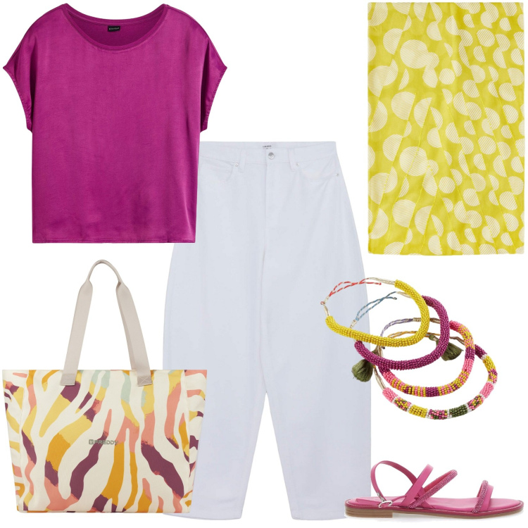 Outfit donna - Estate a colori!. Stile Casual per Tutti i giorni. Abbinamento con maglieria, braccialetti, pantaloni, shopping bag, sandali, stole.