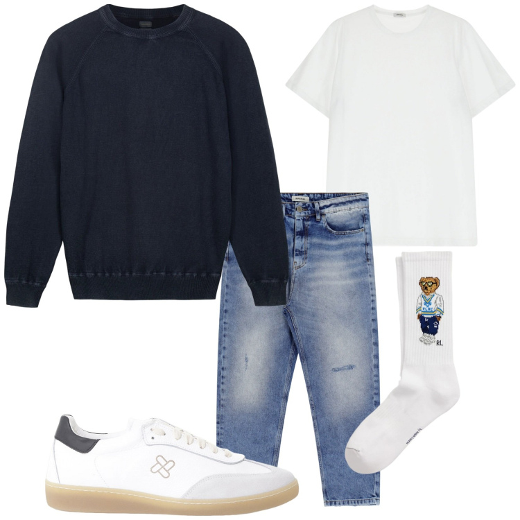 Outfit uomo - Maniche lunghe cotone. Stile Casual per Tutti i giorni. Abbinamento con sneakers, t-shirt, jeans, calzini, maglieria.