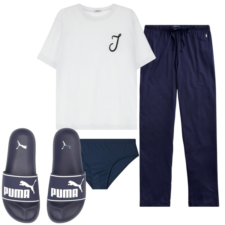 Outfit uomo - Buonanotte. Stile Casual per Tutti i giorni. Abbinamento con costumi, t-shirt, pantaloni, sandali.