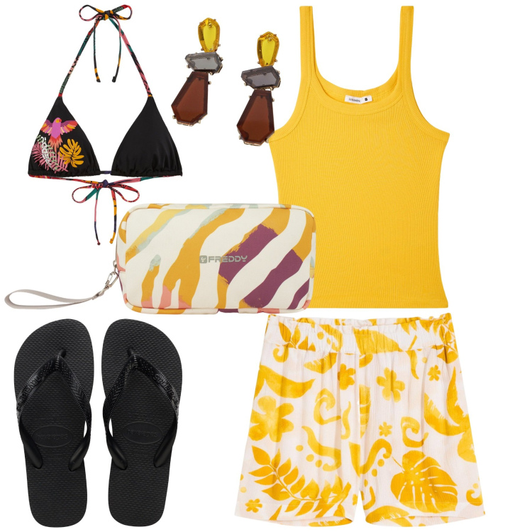 Outfit donna - Al mare. Stile Casual per Mare. Abbinamento con shorts, canottiere, valigie, bikini, orecchini, ciabatte.