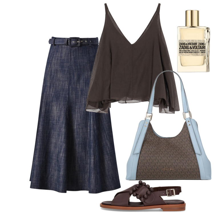 Outfit donna - Giugno. Stile Chic per Tutti i giorni. Abbinamento con borse a mano, profumi, gonne longuette, top, sandali.