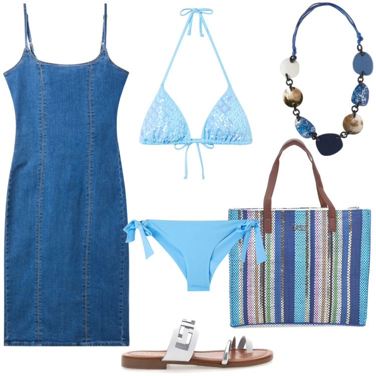 Outfit donna - Estate a colori!. Stile Casual per Mare. Abbinamento con bikini, vestiti a tubino, bikini, shopping bag, sandali, collane.