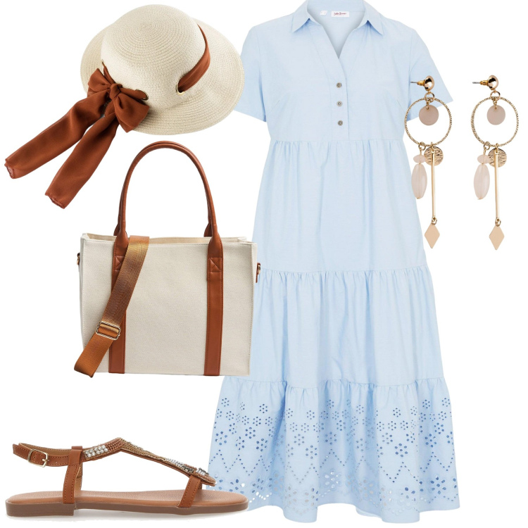 Outfit donna - Azzurro cielo in vacanza. Stile Romantica per Mare. Abbinamento con vestiti, orecchini, cappelli, shopping bag, sandali gioiello.