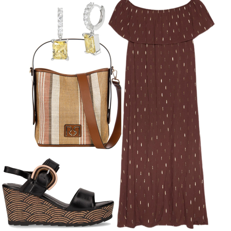 Outfit donna - Maxi dress. Stile Urban per Tutti i giorni. Abbinamento con orecchini, borse a secchiello, vestiti lunghi, sandali col tacco.