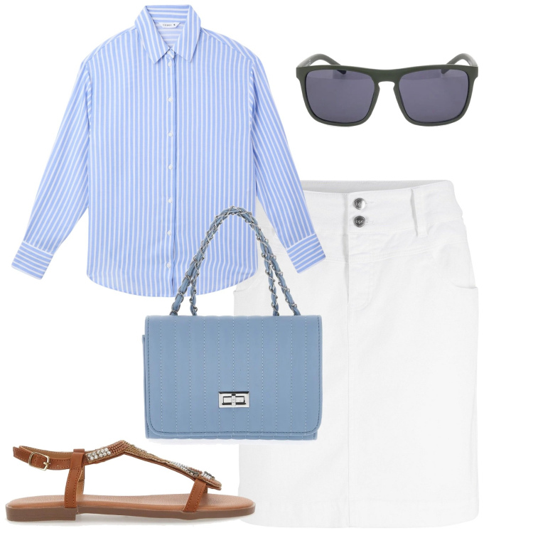 Outfit donna - City. Stile Urban per Tutti i giorni. Abbinamento con minigonne, camicie, sandali gioiello, borse a tracolla, occhiali da sole.