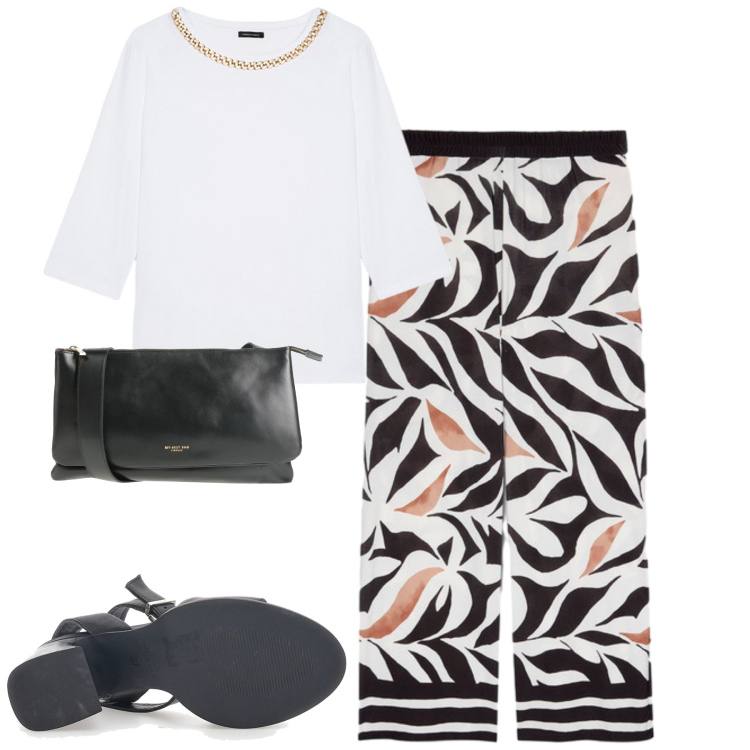 Outfit donna - Fiorella Rubino. Stile Chic per Tutti i giorni. Abbinamento con borse a tracolla, pantaloni, t-shirt, sandali.