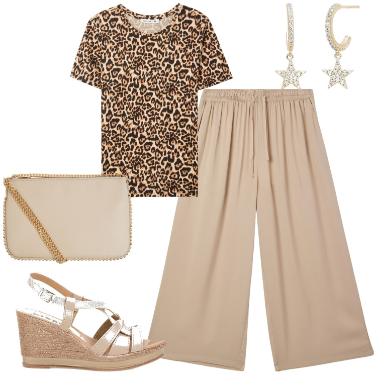 Outfit donna - City. Stile Urban per Tutti i giorni. Abbinamento con t-shirt, borse a tracolla, pantaloni a palazzo, orecchini, sandali.