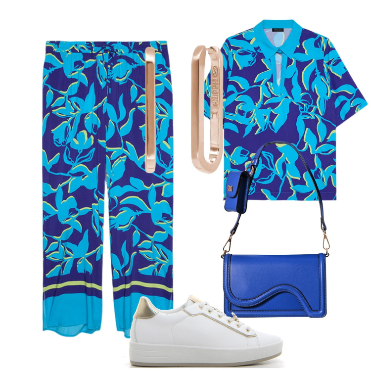 Outfit donna - Comoda. Stile Casual per Tutti i giorni. Abbinamento con orecchini, pochette, bluse, pantaloni a palazzo, sneakers.