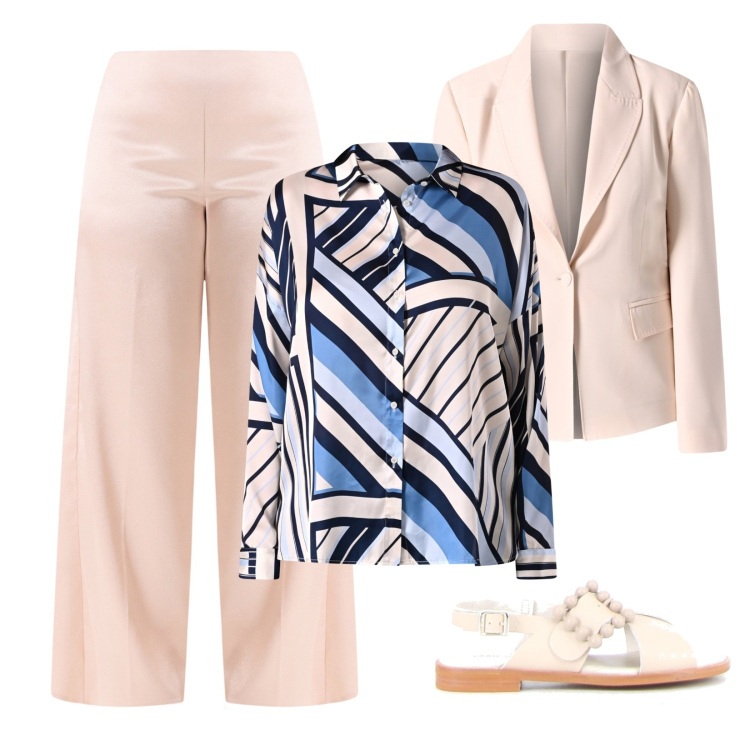 Outfit donna - Total look #2181507. Stile Casual chic per Serata fuori. Abbinamento con camicie, blazer, pantaloni a palazzo, sandali.