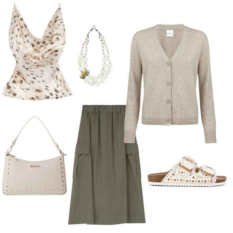 Outfit donna - Gonna lunga e sandali chic. Stile Casual chic per Tutti i giorni. Abbinamento con top, gonne lunghe, borse a spalla, sandali, cardigans, ciondoli.