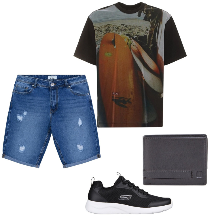 Outfit uomo - Sabato mattina. per Tutti i giorni. Abbinamento con bermuda, portafogli, sneakers, t-shirt.