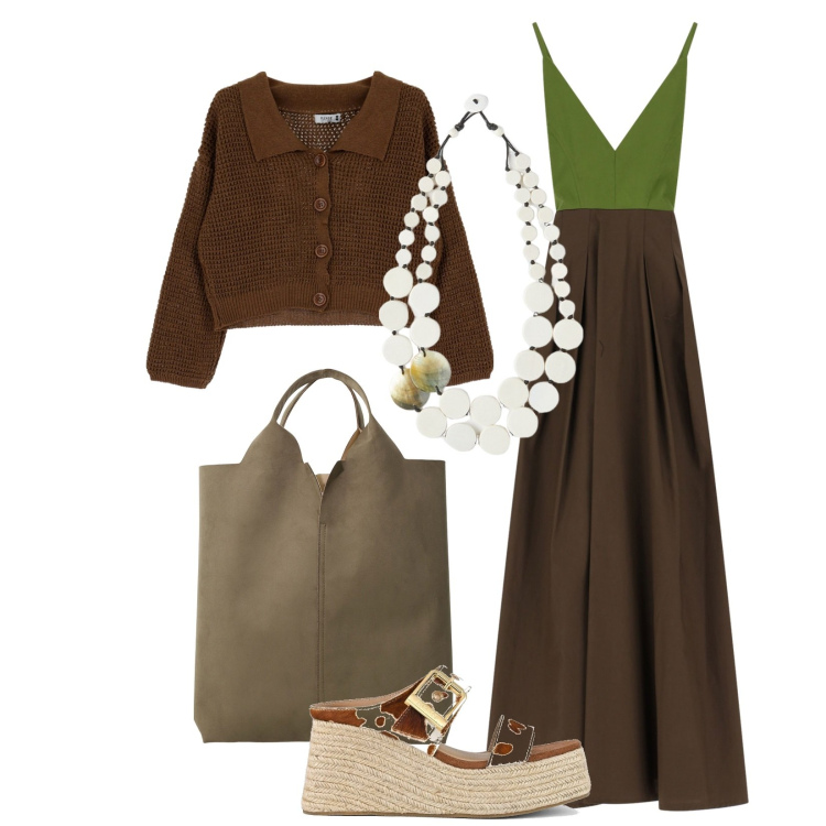 Outfit donna - Maxi. Dress. Stile Minimal per Tutti i giorni. Abbinamento con cardigans, vestiti lunghi, shopping bag, zeppe, ciondoli.