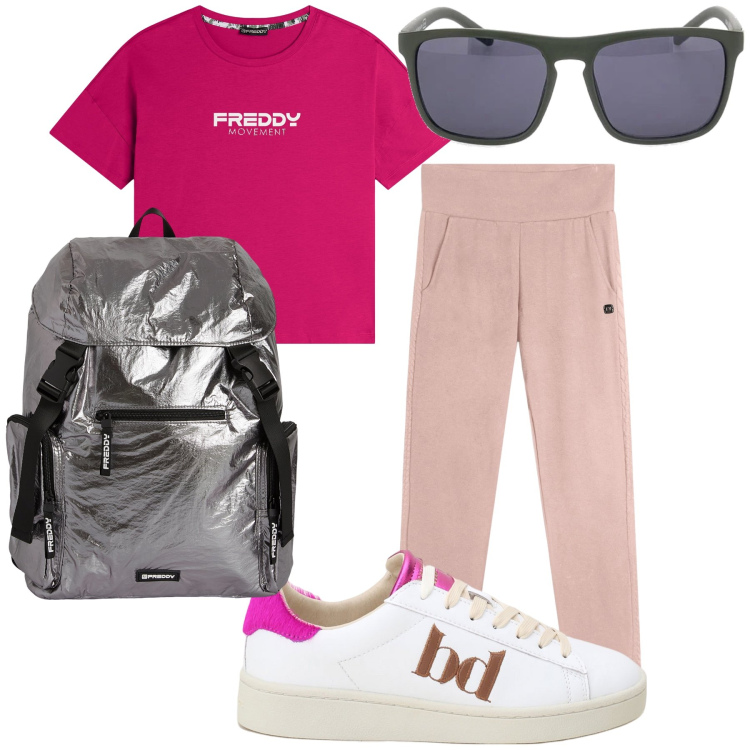 Outfit donna - In gita. Stile Casual chic per Tutti i giorni. Abbinamento con sneakers, pantaloni, t-shirt, zaini, occhiali da sole.